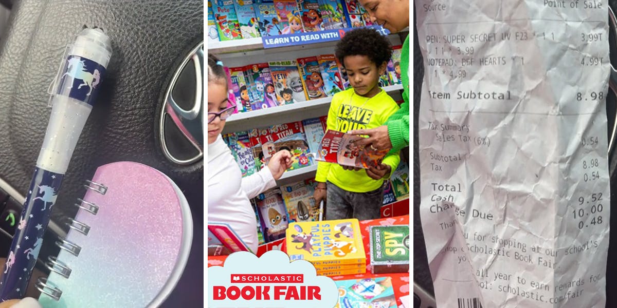 pen and notepad (l) kids at Scholastic Book Fair with logo (c) receipt (r)