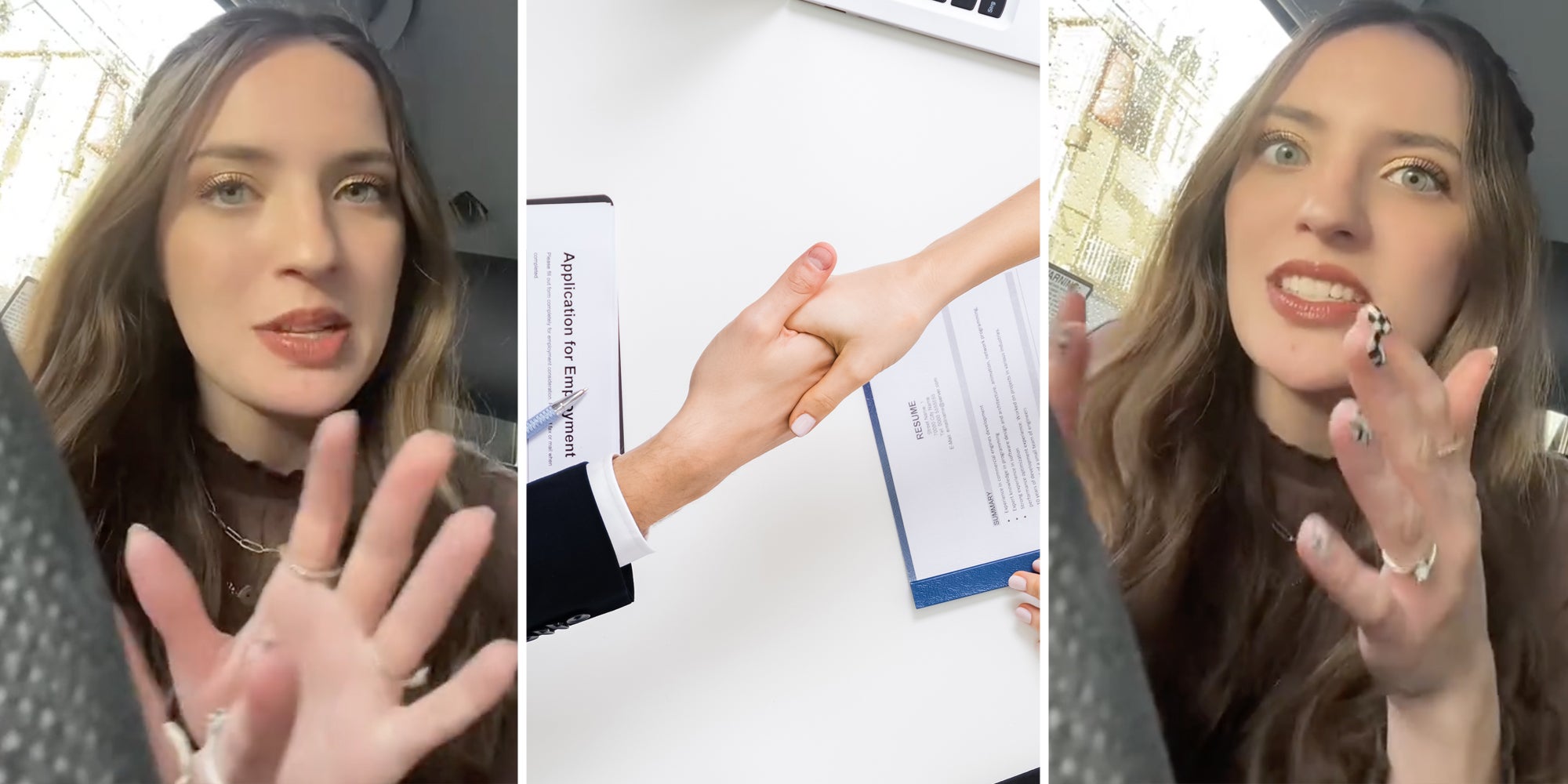 Woman talking(l+r), Hands shaking over paperwork(c)