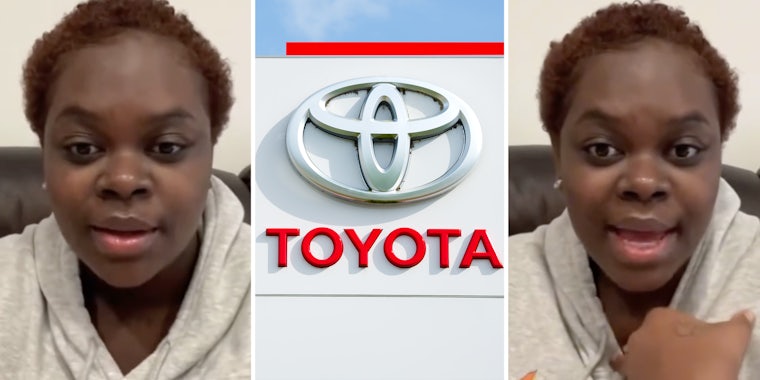 Woman talking(l+r), Toyota sign(c)