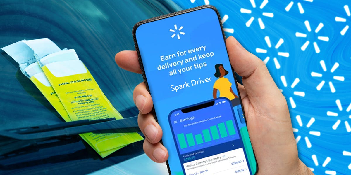 Walmart Spark Driver app on phone screen in hand over car with tickets and blue Walmart pattern background