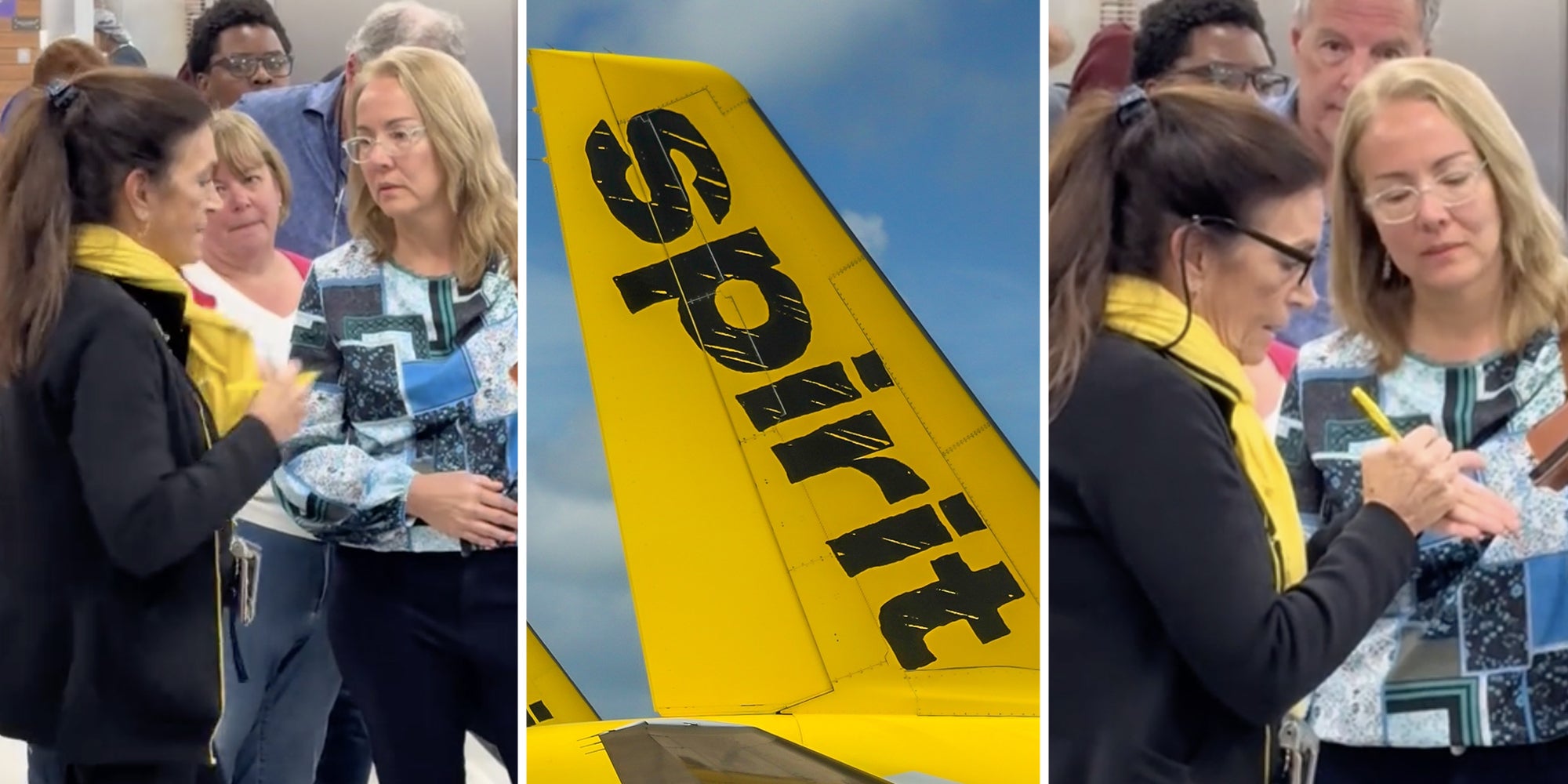 Airline worker and passenger talking(l+r), Spirit airplane(c)