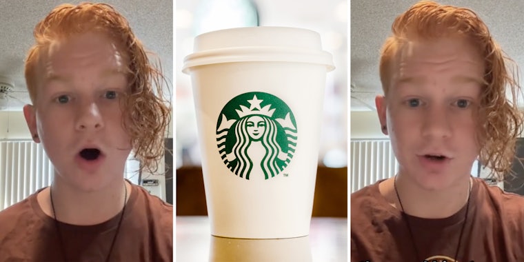 Person talking(L+r), Starbucks cup(c)