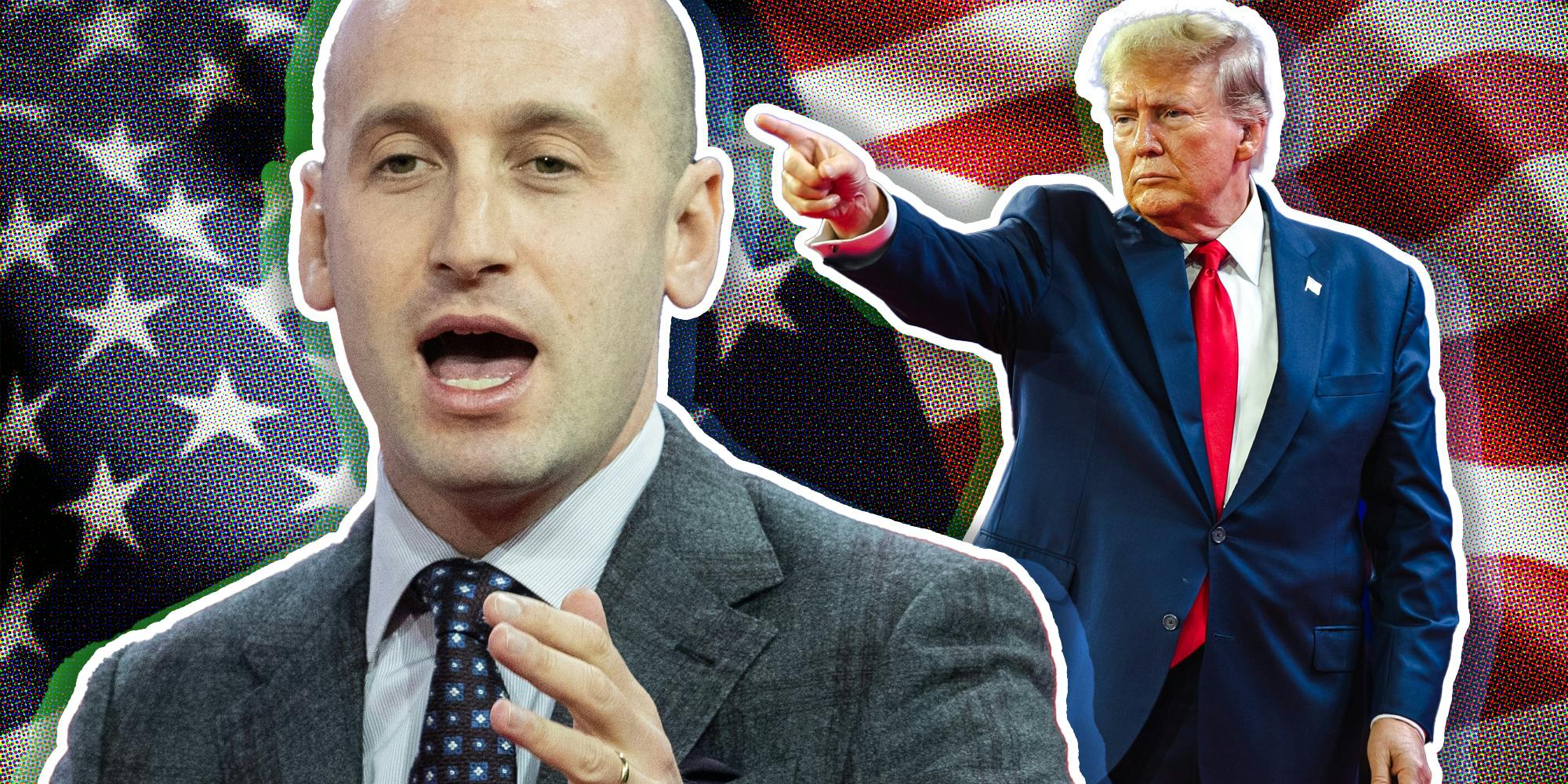 Stephen Miller and Donald Trump over american flag