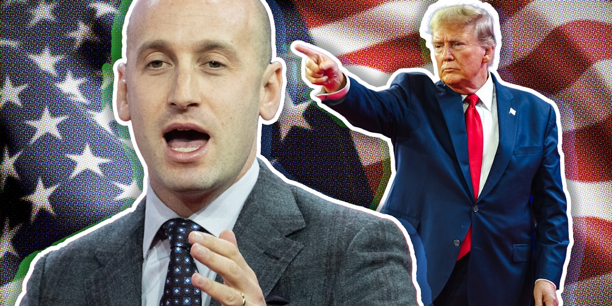 Stephen Miller and Donald Trump over american flag