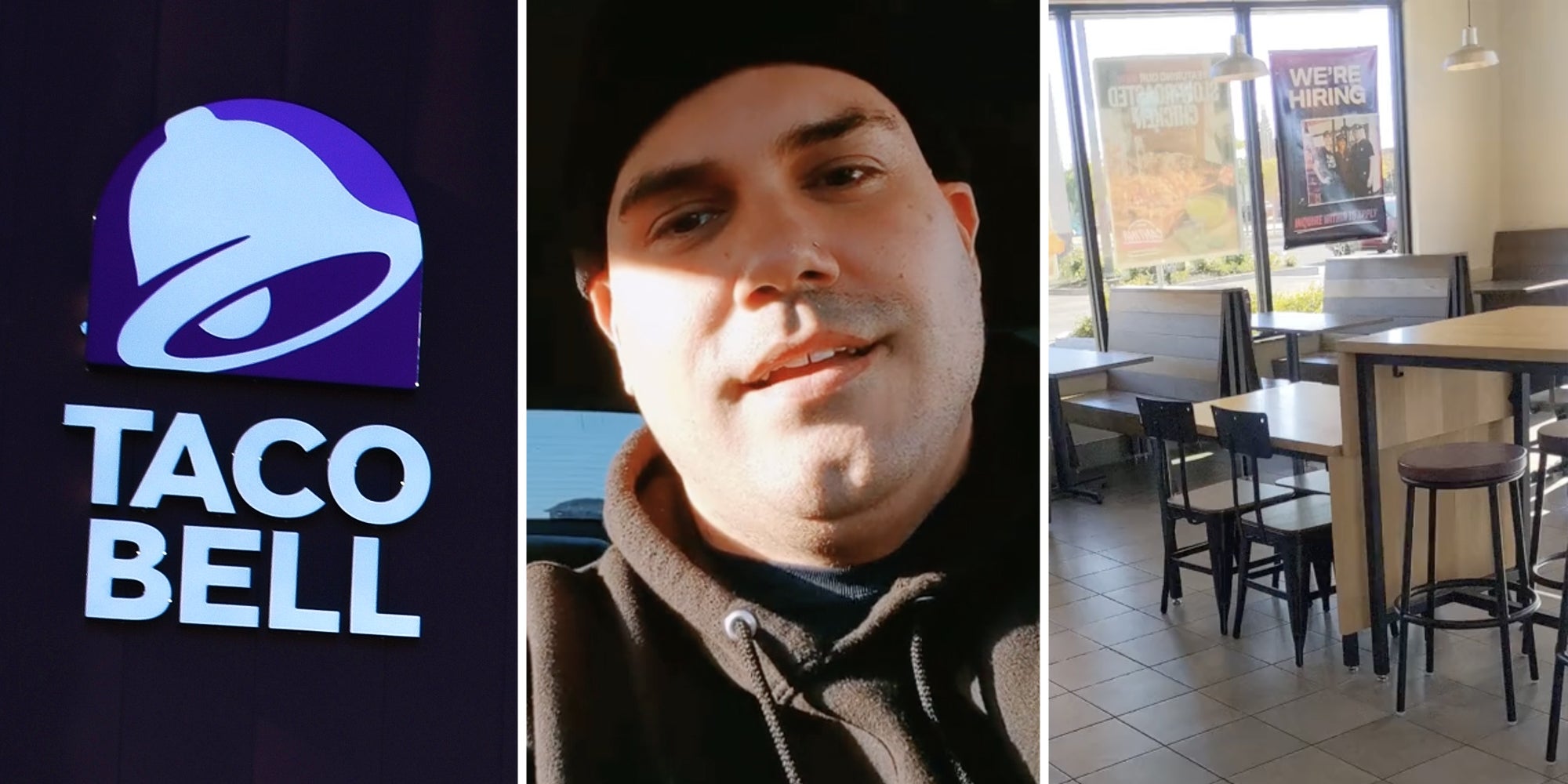 Taco Bell sign(l), Man talking(c), Taco Bell interior(r)