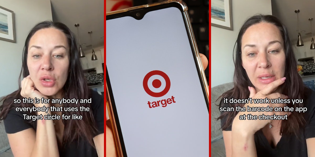 woman speaking with caption 'so this is for anybody and everybody that uses the Target circle app for like' (l) Target app on phone (c) woman speaking with caption 'it doesn't work unless you scan the barcode on the app at the checkout' (r)