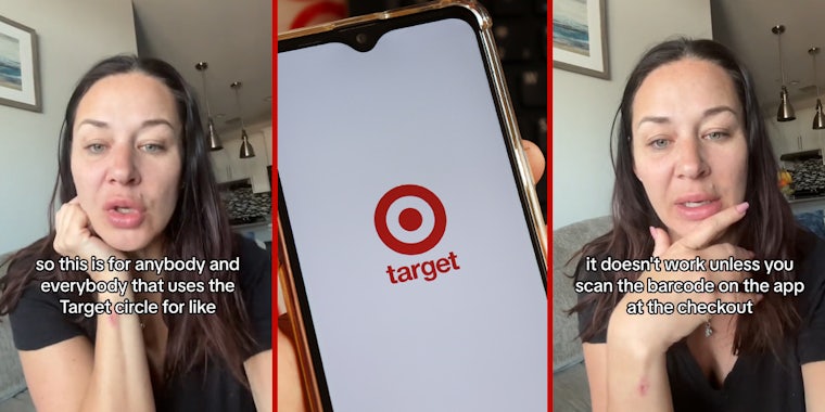 woman speaking with caption 'so this is for anybody and everybody that uses the Target circle app for like' (l) Target app on phone (c) woman speaking with caption 'it doesn't work unless you scan the barcode on the app at the checkout' (r)