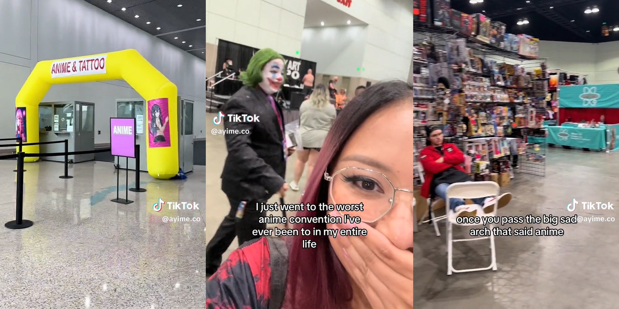 anime & tattoo sign on inflatable arch (l) young woman covering her mouth while a man dressed as the joker walks behind her, caption 'i just went to the worst anime convention i've ever been to in my entire life' (c) vendor sitting in chair with feet up, no customers, caption 'once you pass the big sad arch that said anime' (r)