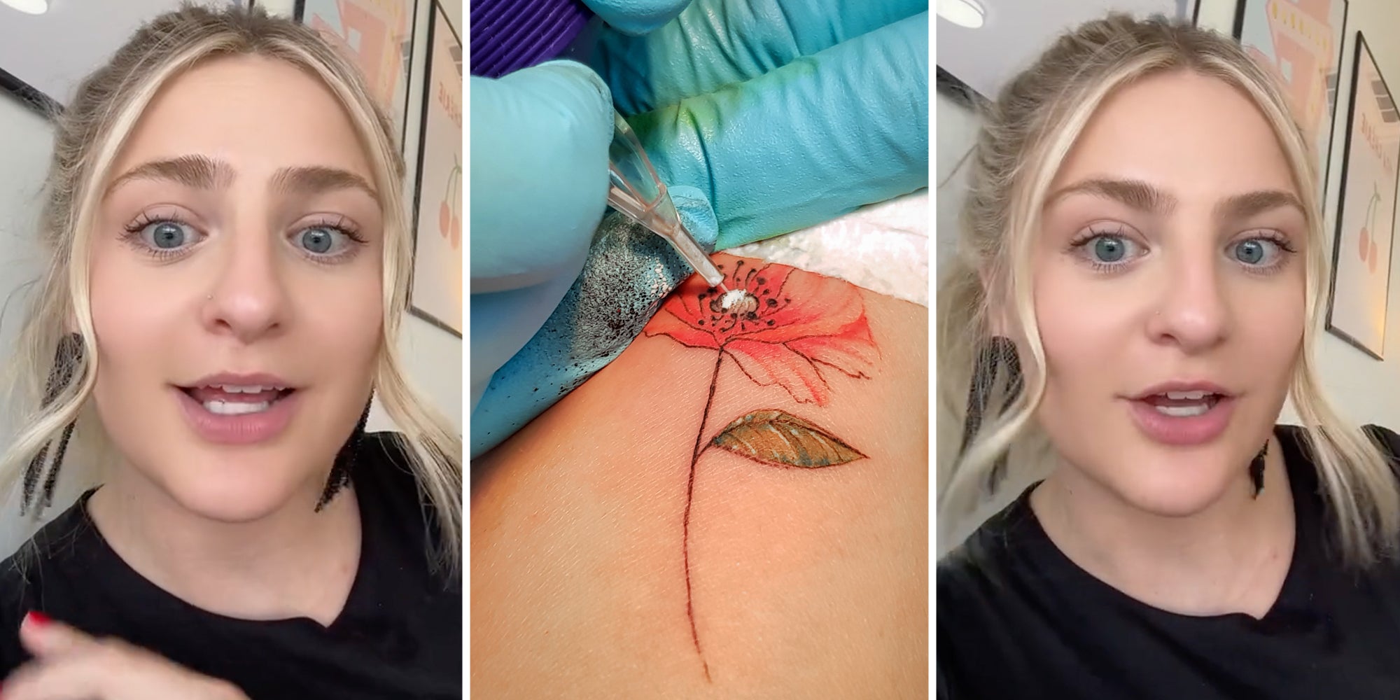 Woman talking(l+r), Tattooing flower(c)