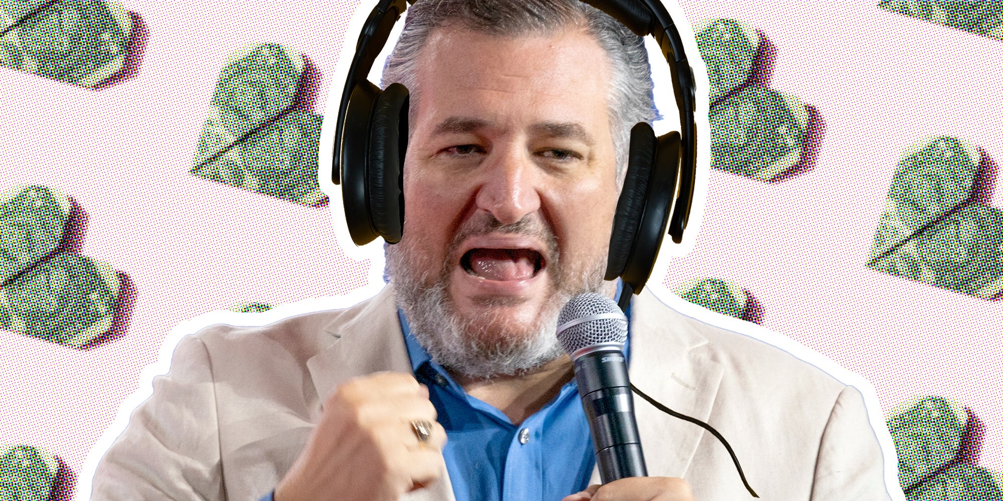 Ted Cruz with microphone and headphones with follar hearts in the background