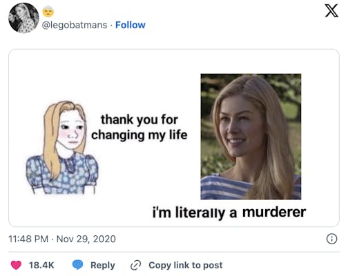 The origin of the Thank You For Changing My Life Meme: Actress Rosamund Pike playing Amy Dunne in the 2014 movie Gone Girl. The caption under the character reads, “I’m literally a murderer.”