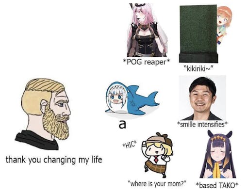 Wojak tells various Hololive production characters "thank you for changing my life"