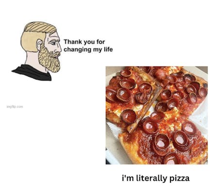 Wojak tells three slices of pepperoni pizza "thank you for changing my life," the pizza replies "I'm literally pizza"
