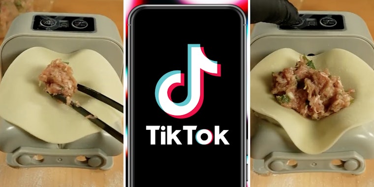 Dumpling machine being used(l+r), Tiktok app on phone(c)