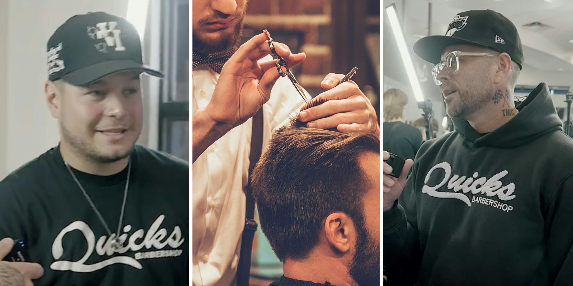 Man talking(l), Barber cutting hair(c), Second man talking(r)
