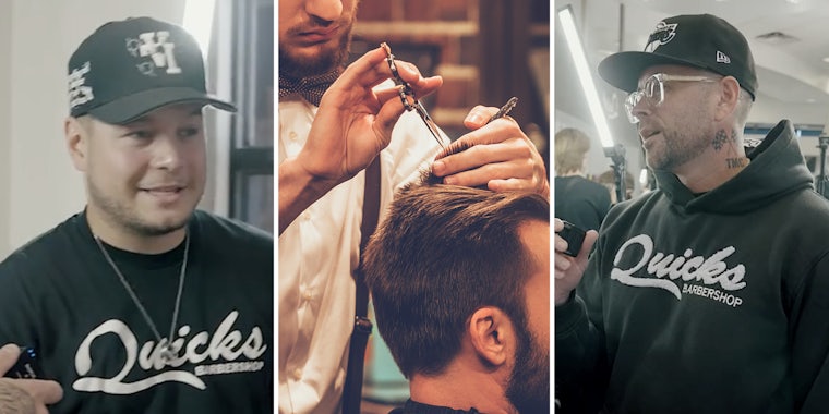 Man talking(l), Barber cutting hair(c), Second man talking(r)