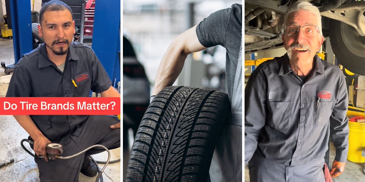 mechanic speaking with caption "Do Tire Brands Matter?" (l) man holding tire (c) mechanic speaking (r)