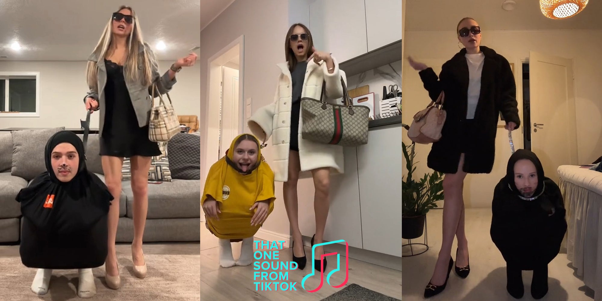 woman and friend dressed as dog (l) woman and friend dressed as dog with THAT ONE SOUND FROM TIKTOK logo (c) woman and friend dressed as dog (r)