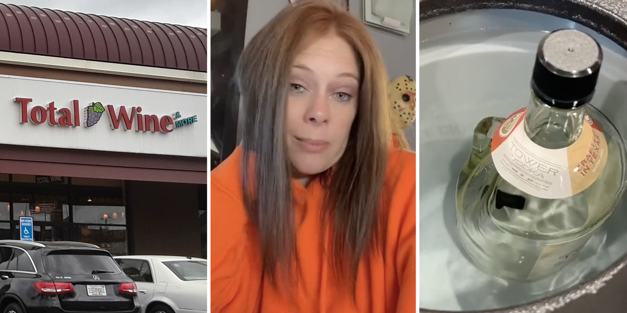 Total Wine and more(l), Woman talking(c), Bottle in cooler(r)
