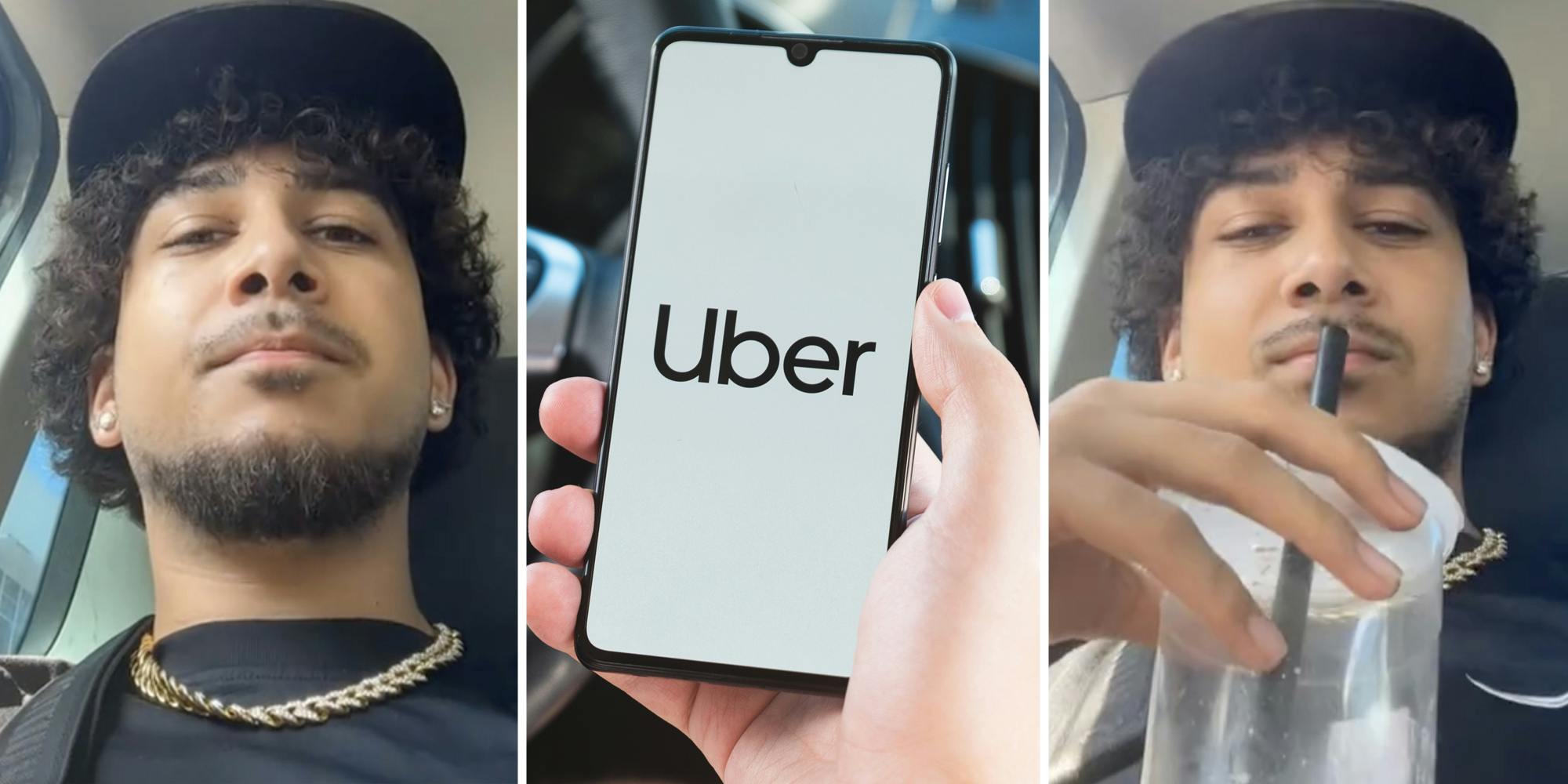 Man looking at camera(l+r), Hand holding phone with uber app(c)