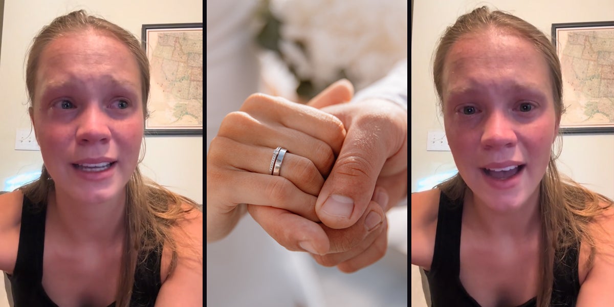 woman speaking (l) hands together with ring (c) woman speaking (r)