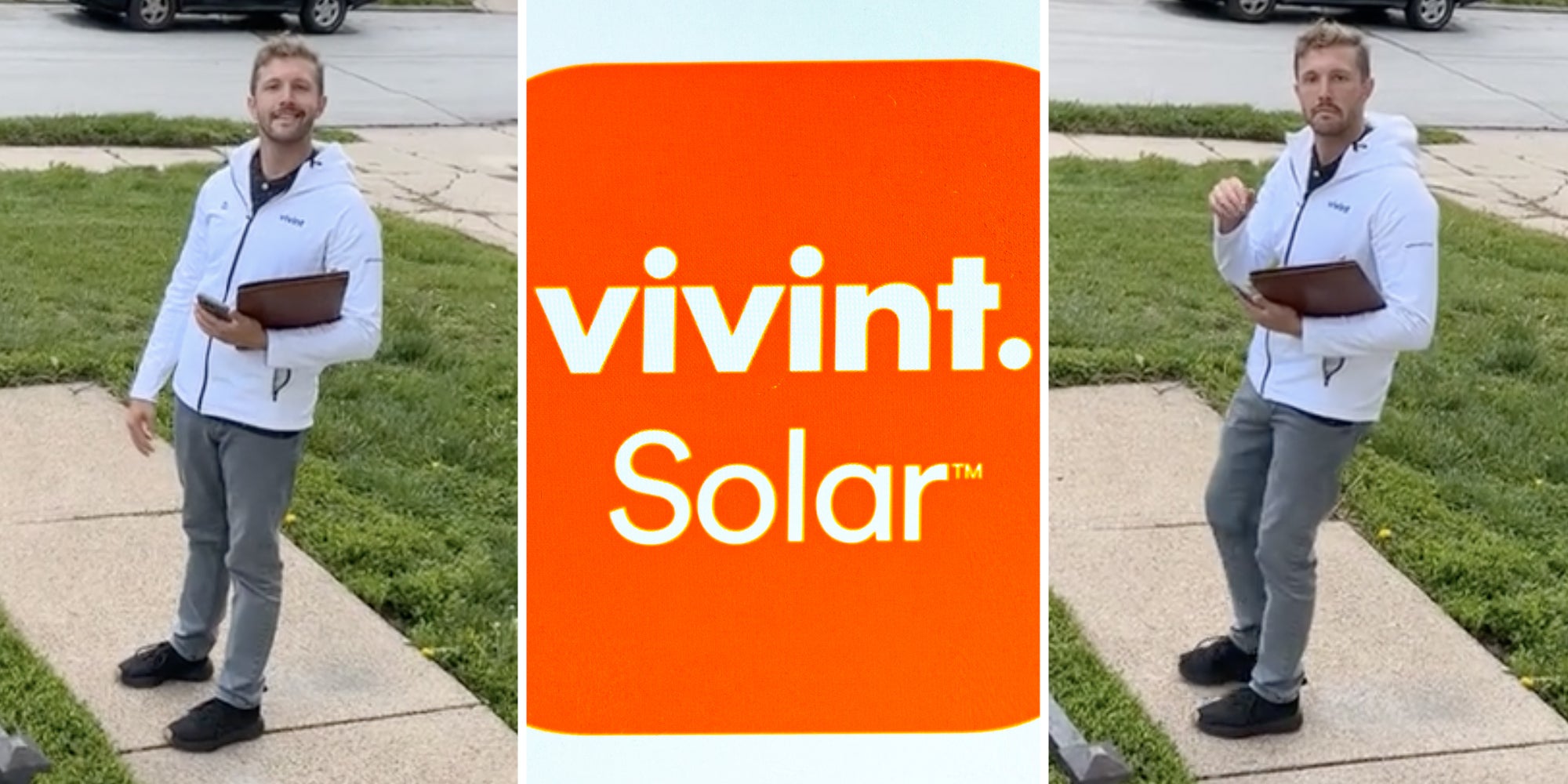 Man standing on sidewalk(l+r), Vivint logo(c)
