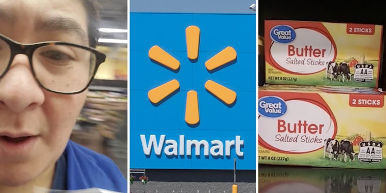 Woman talking(l), Walmart logo(c), Butter sticks(r)