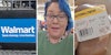 Walmart sign(l), Woman talking(c), Chicken label(r)