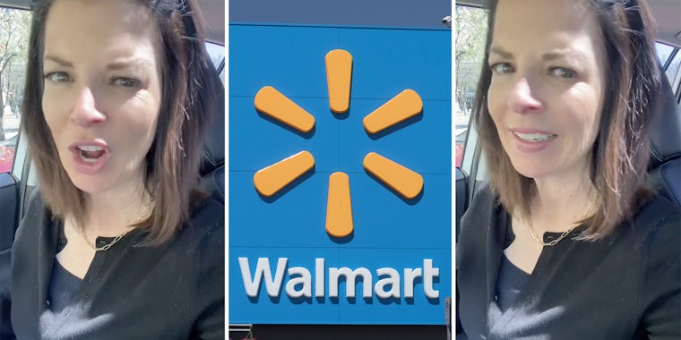 Woman talking(l+r), Walmart storefront(c)