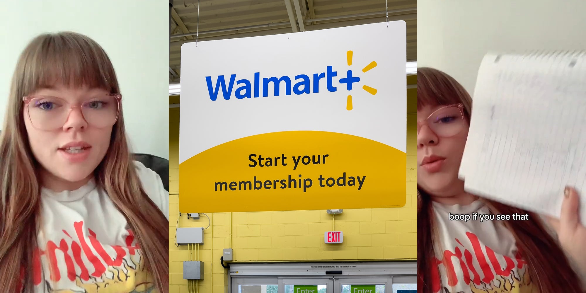 young woman holding notebook (l&r) walmart+ sign in store (c)