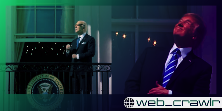 President Joe Biden wearing eclipse glasses next to Donald Trump looking at the eclipse. The Daily Dot newsletter web_crawlr logo is in the bottom right corner.