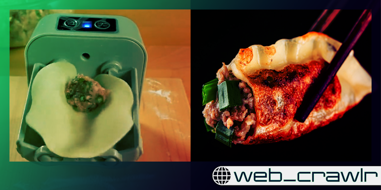 A side by side of a dumpling being made in a machine and a fried dumpling. The Daily Dot newsletter web_crawlr logo is in the bottom right corner.