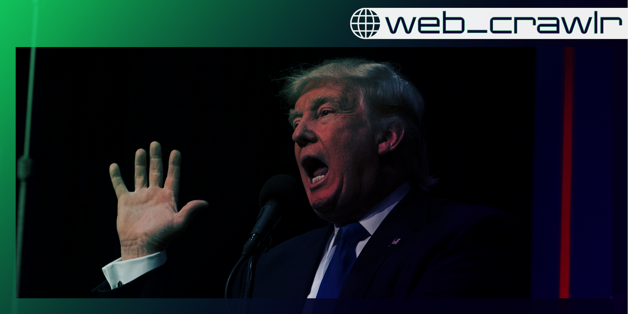Donald Trump holding his hand up and yelling. The Daily Dot newsletter web_crawlr logo is in the top right corner.