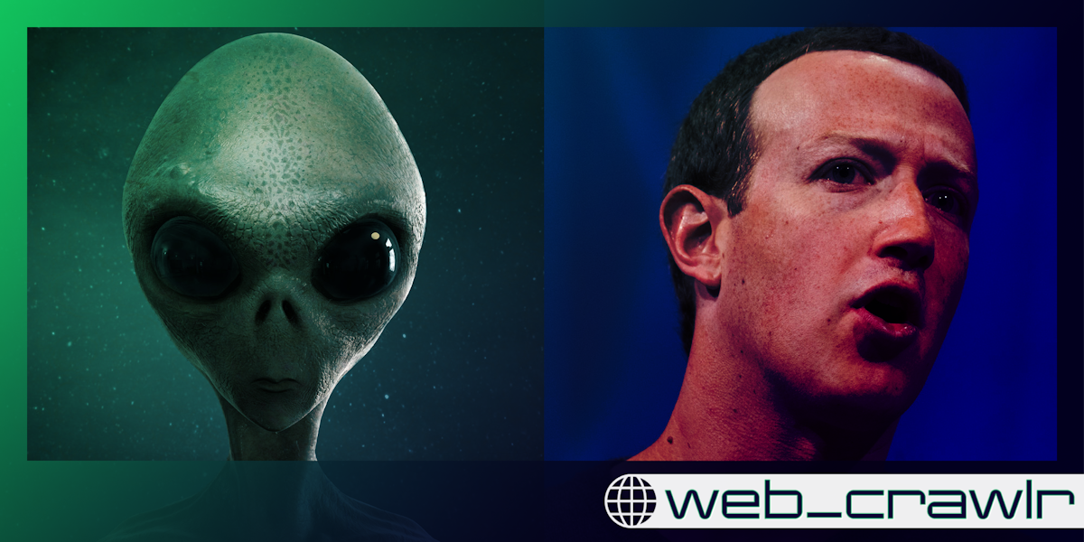 An alien next to Mark Zuckerberg. The Daily Dot newsletter web_crawlr logo is in the bottom right corner.