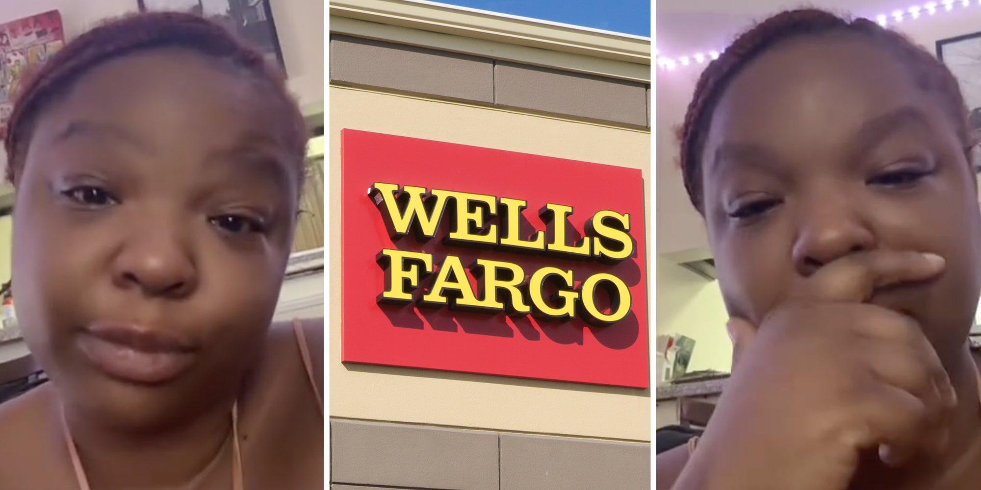 Woman talking and looking upset(l+r), Wells Fargo (c)