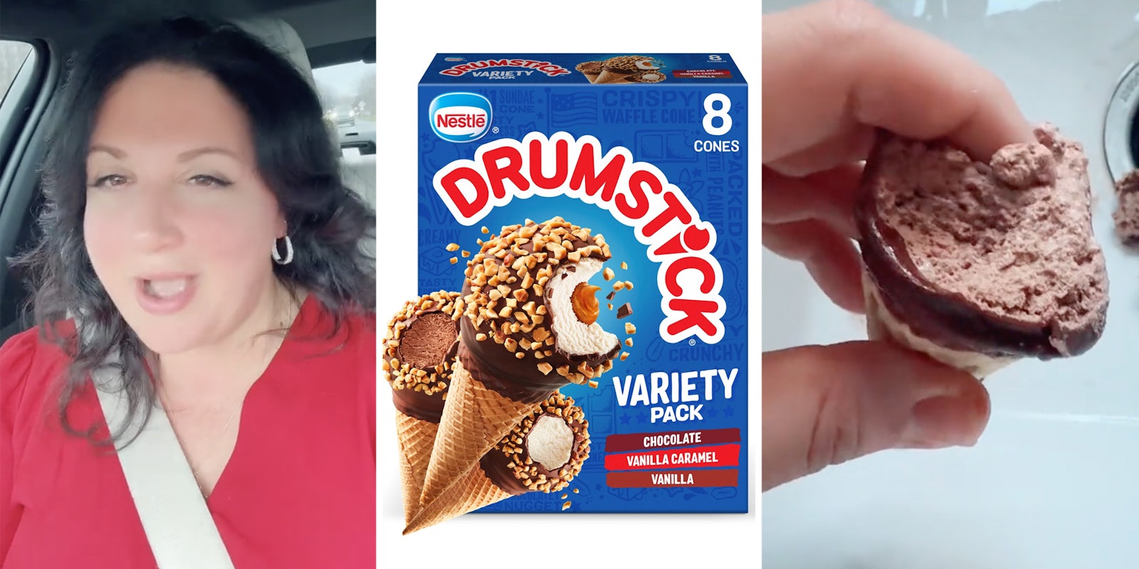 Woman talking(l), Box of Drumsticks(c), Hand holding unmelted drumstick(r)