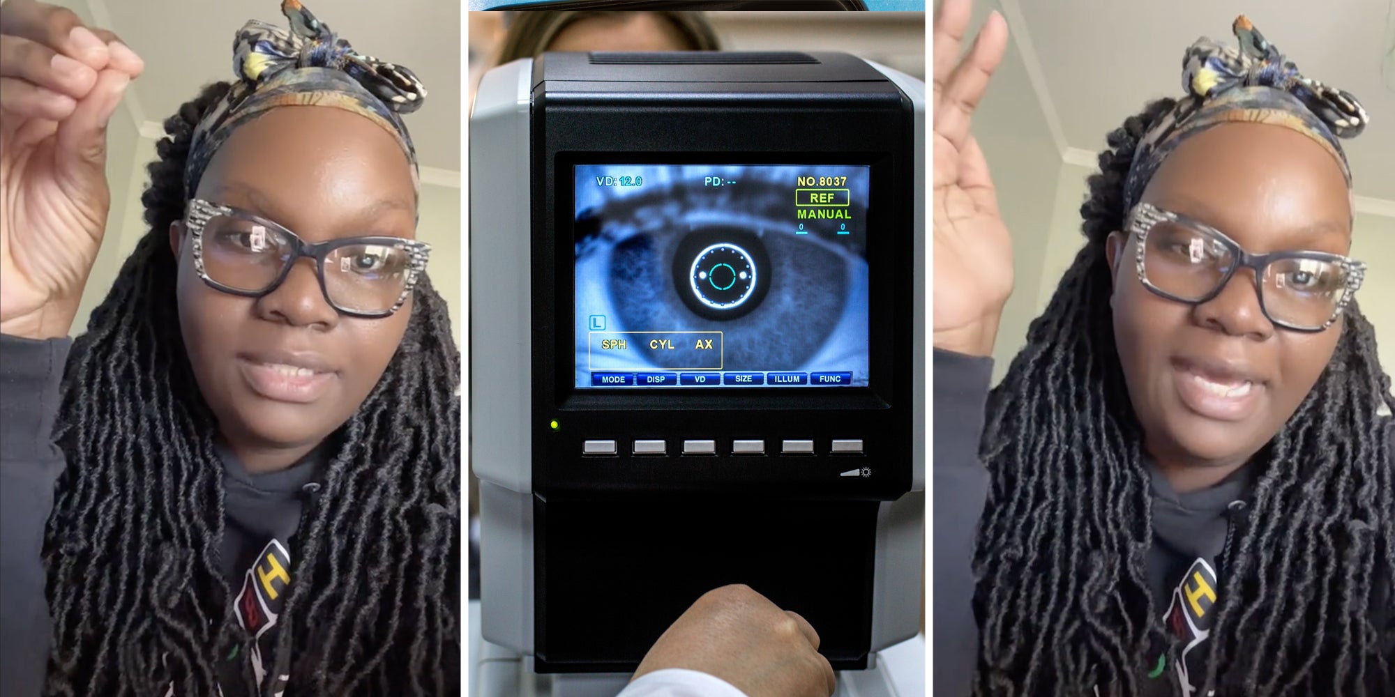 Woman talking(l+r), Eye exam(c)