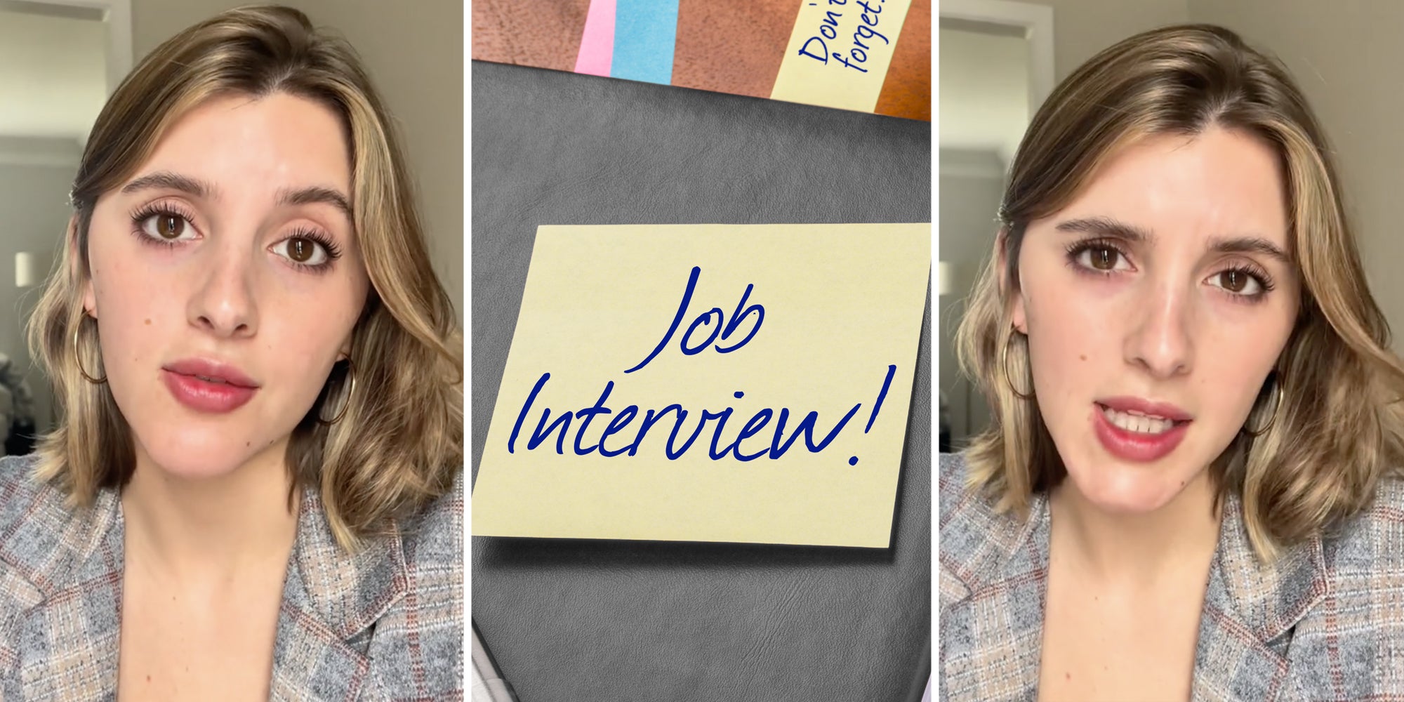 Woman talking(l+r), Memo with job interview reminder(c)