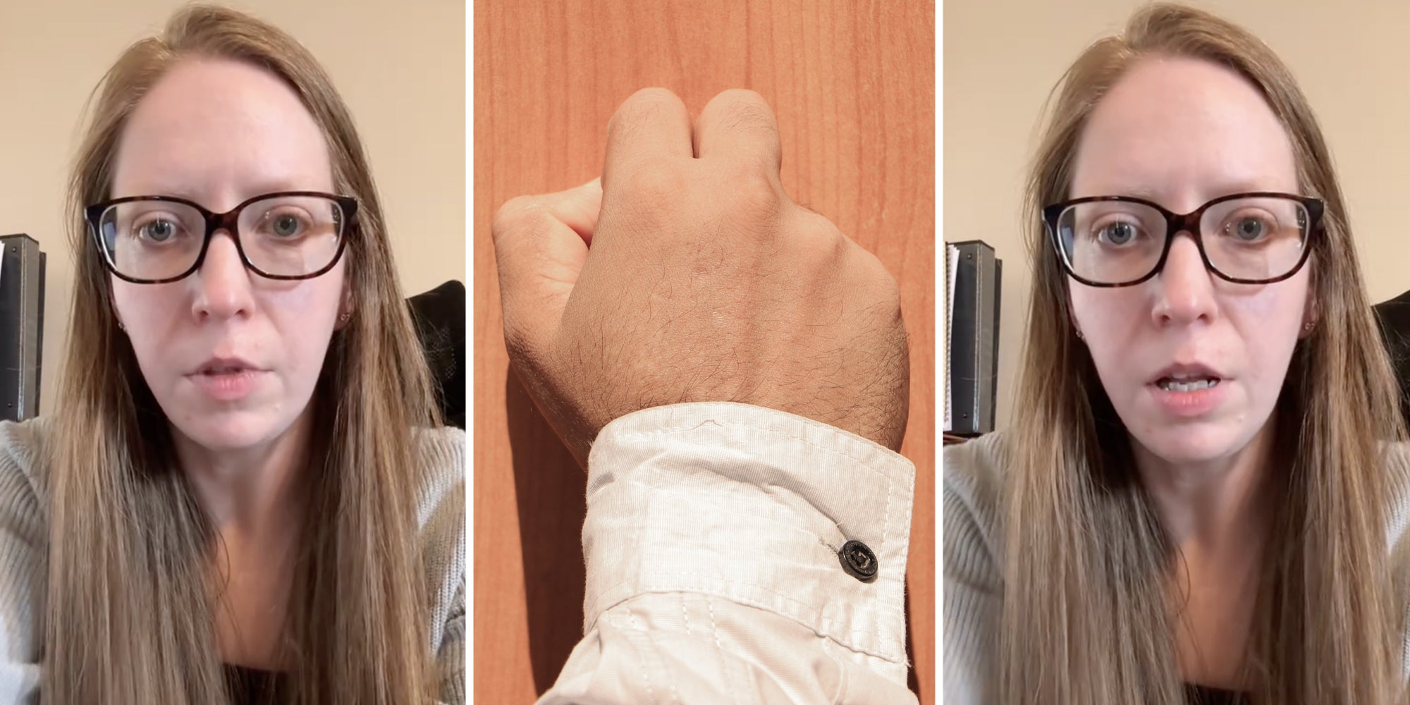 Woman talking(l+r), Hand knocking on door(c)