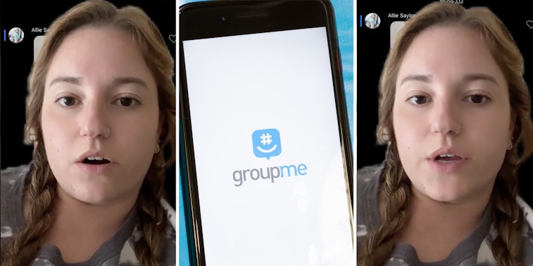 Woman talking(l+r), Groupme app on phone(c)
