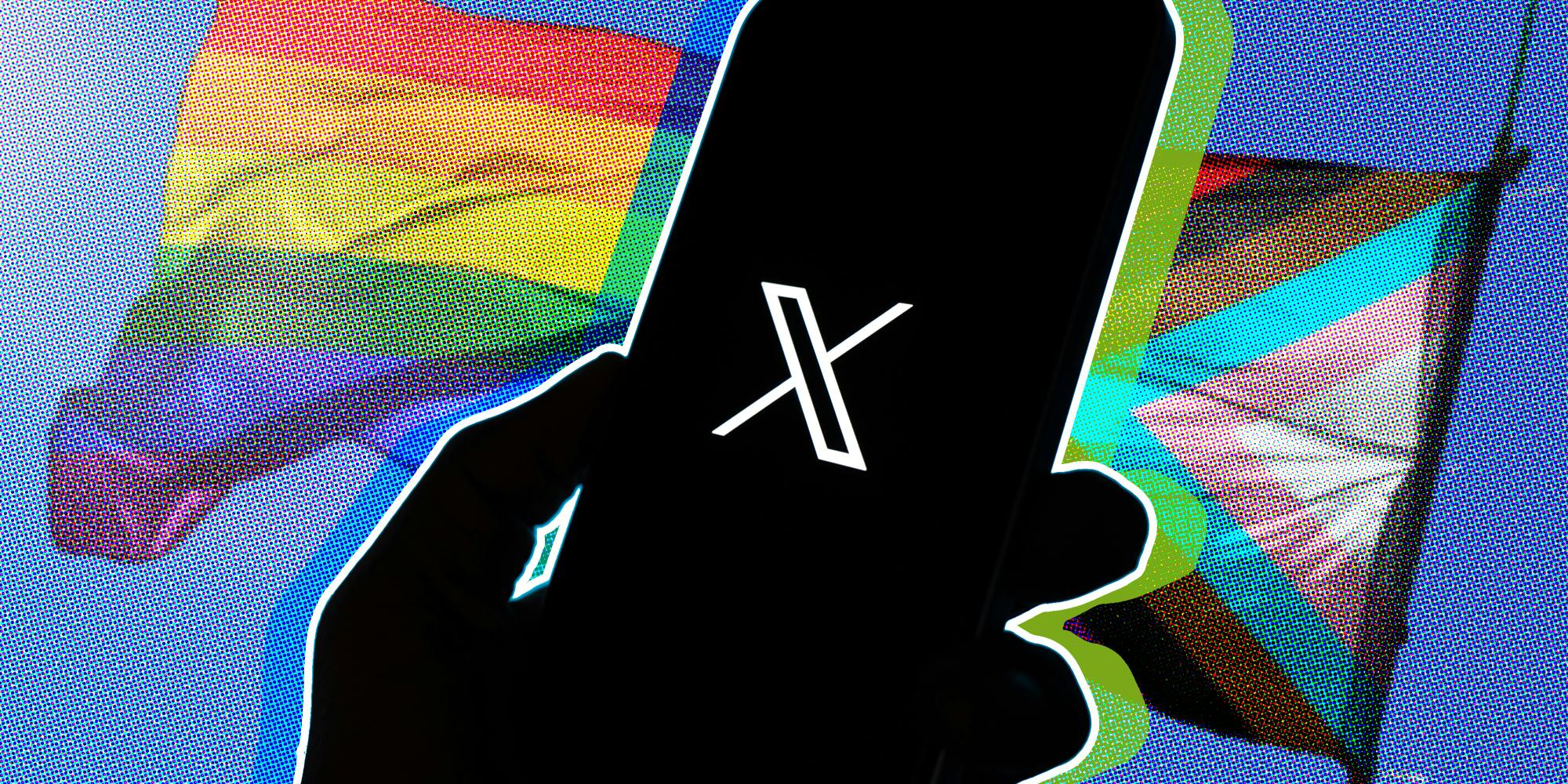 Hand holding phone with x app above an lgbtq flag