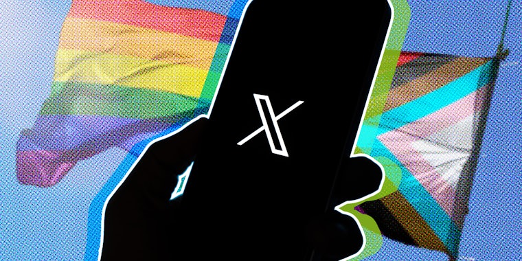 Hand holding phone with x app above an lgbtq flag