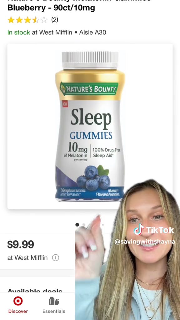 young woman pointing to sleep gummies