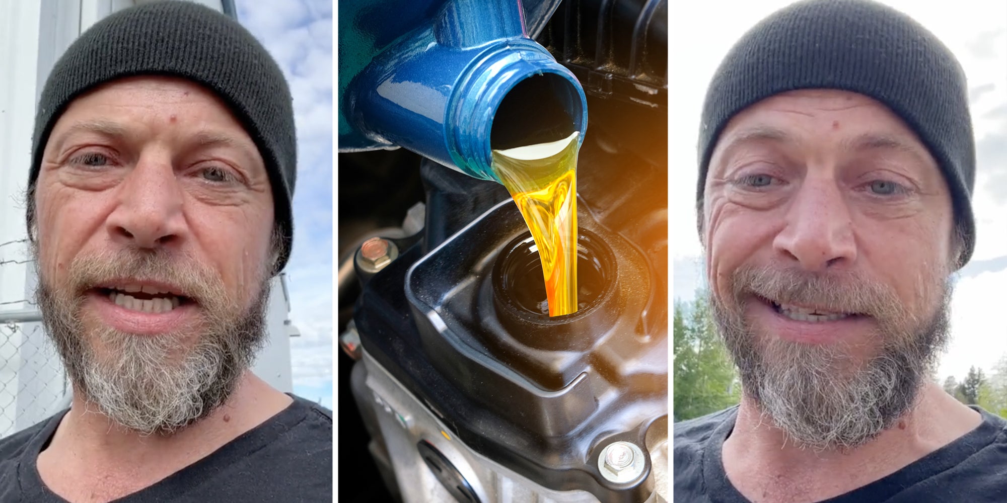 Man talking(l+r), Oil being poured into engine(c)