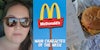 A woman speaking to the camera, a McDonalds sign, and a McDonalds burger. There is text in the middle of the photo that says 'Main Character of the Week' in a Daily Dot newsletter web_crawlr font.