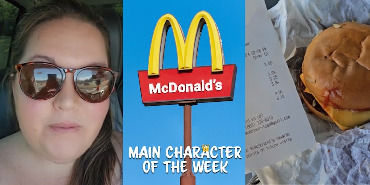 A woman speaking to the camera, a McDonalds sign, and a McDonalds burger. There is text in the middle of the photo that says 'Main Character of the Week' in a Daily Dot newsletter web_crawlr font.
