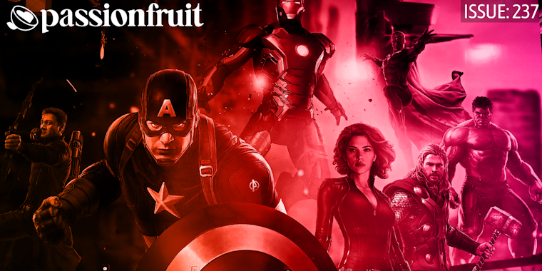 mcu characters on orange and pink background with text that reads issue 237 and a passionfruit creators logo