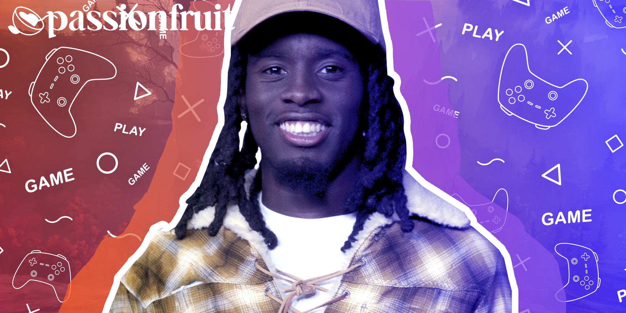 kai cenat on background with gaming icons and a passionfruit logo