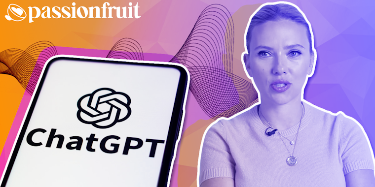 picture of scarlett johansson next to a chatgpt logo and a passionfruit logo