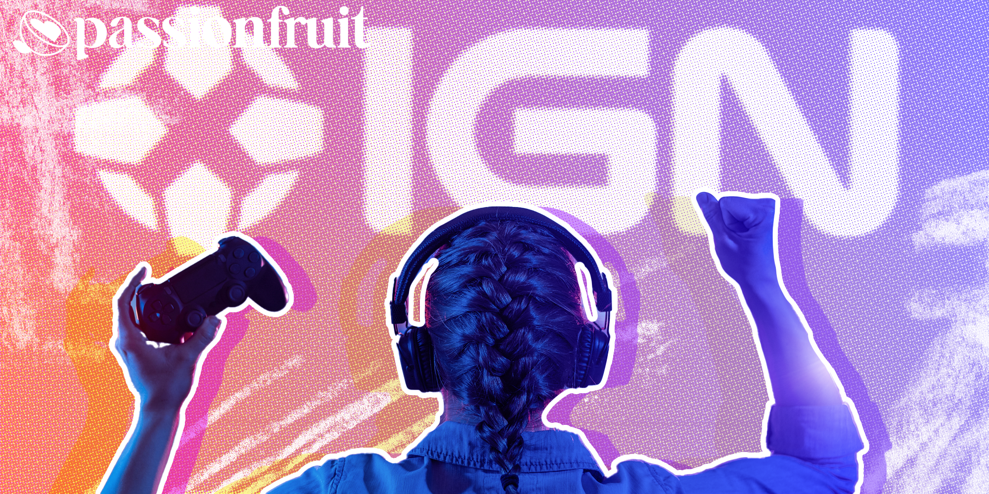 gamer holding video game controller holding up an angry fist next to an IGN entertainment logo and a passionfruit logo